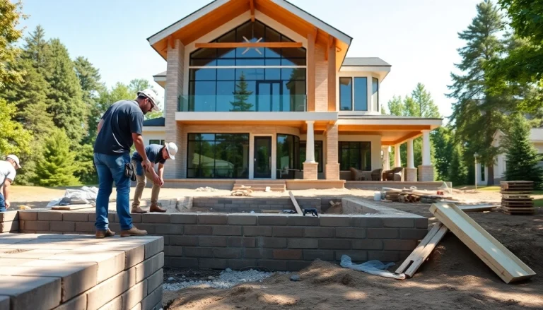 Custom home builders near me working on a stylish new house in a peaceful neighborhood.