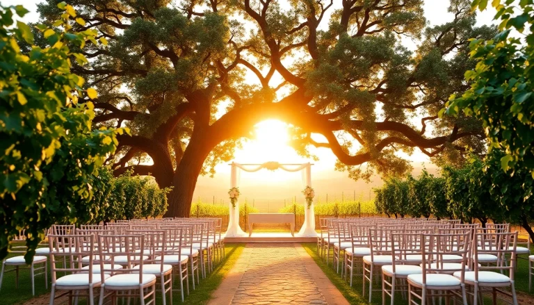 Stunning outdoor setup for Clarksburg wedding venues with vineyard backdrop and romantic lighting.