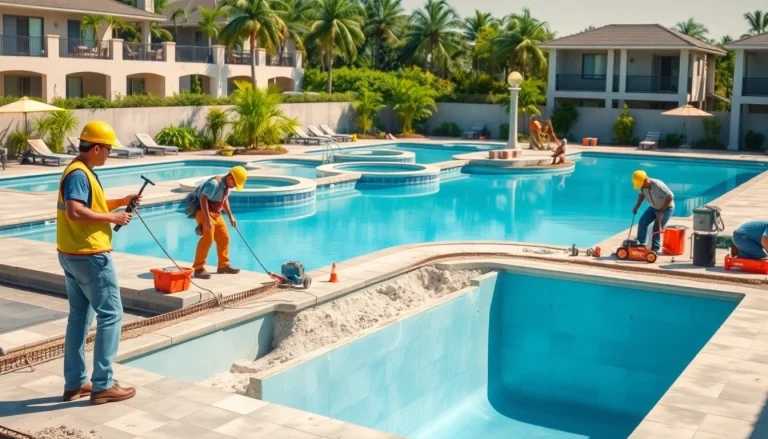 Expert pool construction process highlighting skilled workers and machinery in action.