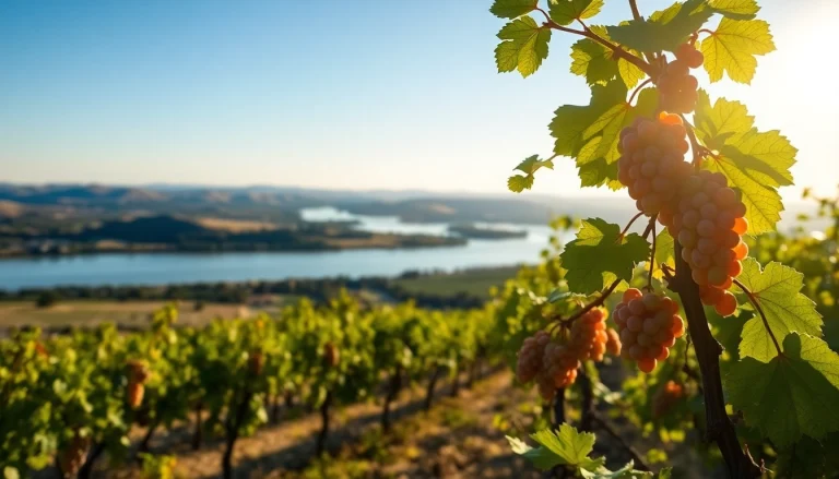 Clarksburg vineyards basking in sunlight near the Sacramento River, highlighting local agriculture.