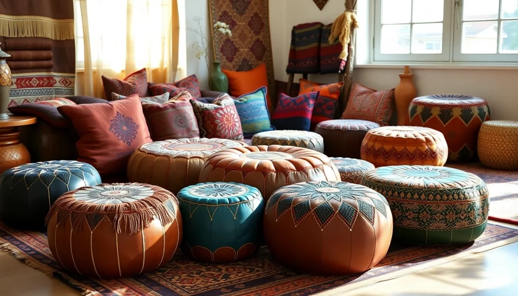 Showcase of Moroccan Leather Poufs and Ottomans arranged in a cozy, sunlit room.