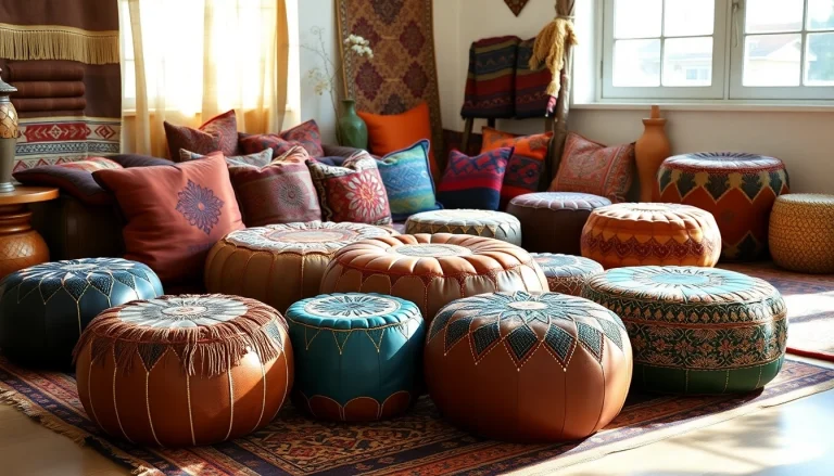 Showcase of Moroccan Leather Poufs and Ottomans arranged in a cozy, sunlit room.
