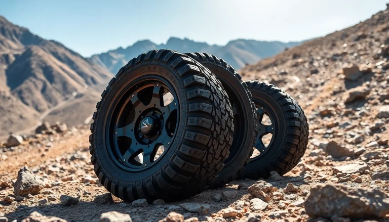 Showcasing off road wheels with aggressive designs in a rugged outdoor environment.