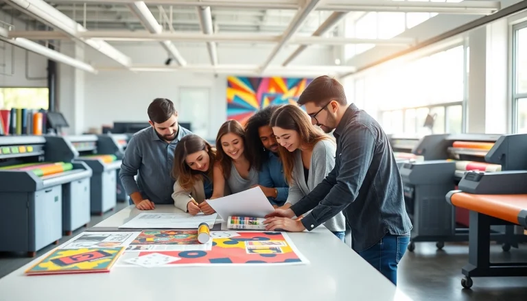 School poster printers creating engaging designs in a vibrant printing studio.