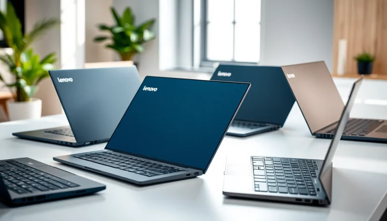 Comparar laptops Lenovo en un ambiente de trabajo moderno y elegante
