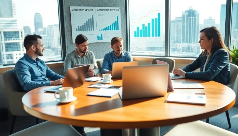 Showcasing a collaborative workspace for Small Business Subscription success, with laptops and charts promoting productivity.