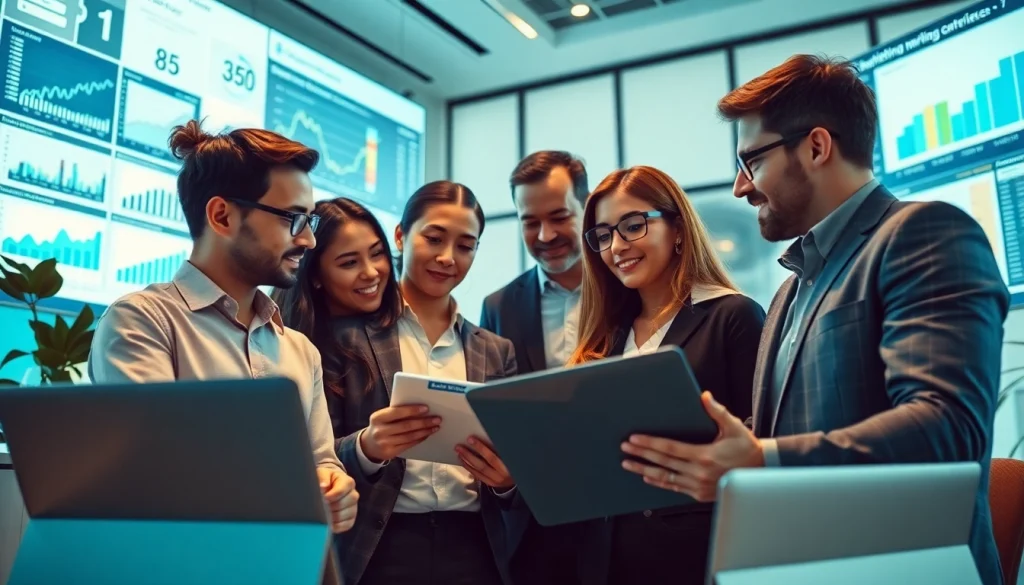Visualize growth marketing automation in a dynamic office setting with a focused marketing team.