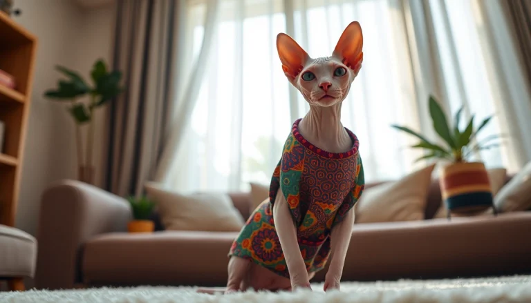Adorable Sphynx cat showcasing PIKAPIKA Sphynx Clothes in a cozy home environment.