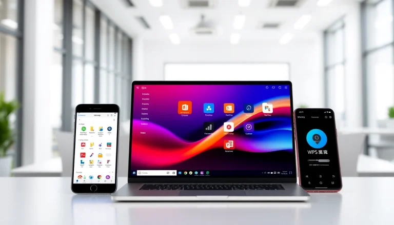 Experience seamless productivity with WPS下载, showcasing a laptop and smartphone in a modern workspace.