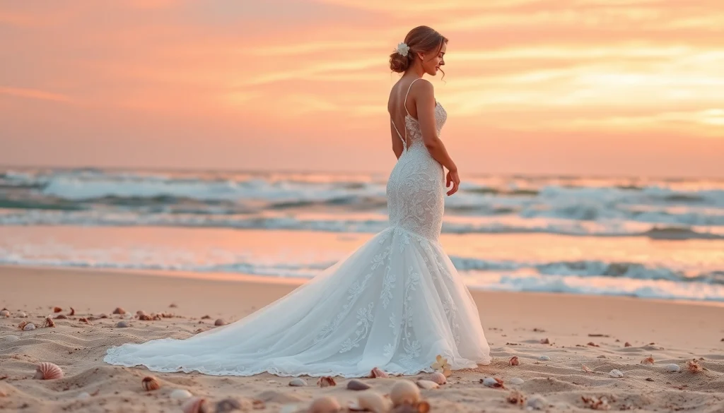 Celebrate the beauty of Mermaid Wedding Dresses featuring a bride on the beach at sunset.