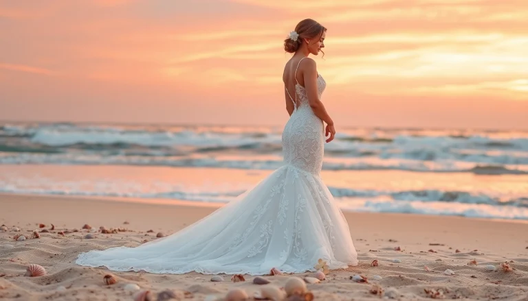 Celebrate the beauty of Mermaid Wedding Dresses featuring a bride on the beach at sunset.