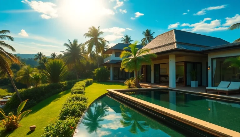 Showcase a luxury villa in Phuket real estate with tropical gardens and modern design.