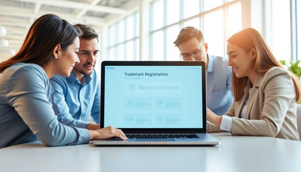 Collaborative team utilizing an online trademark registration platform to streamline trademark processes.