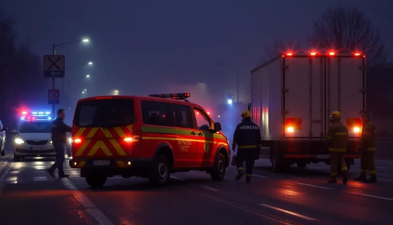 Illustrate the aftermath of a traffic accident in Düzce, capturing emergency responders attending to a pat pat and truck collision.