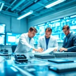 American engineers collaborate on advanced microchip designs in a modern tech lab.