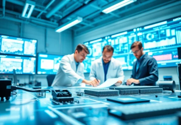 American engineers collaborate on advanced microchip designs in a modern tech lab.