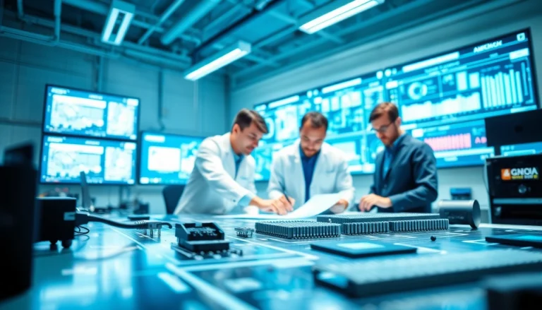 American engineers collaborate on advanced microchip designs in a modern tech lab.