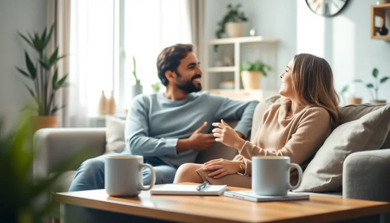 Couple engaging in positive communication in relationships on a cozy sofa setting.