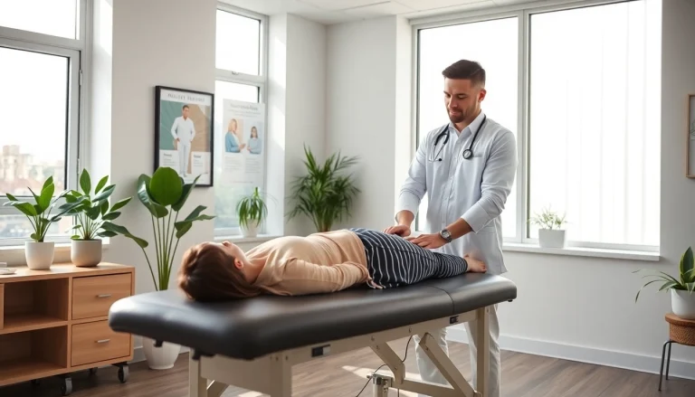 Chiropractor near me adjusting a patient's back in a calming clinic environment.