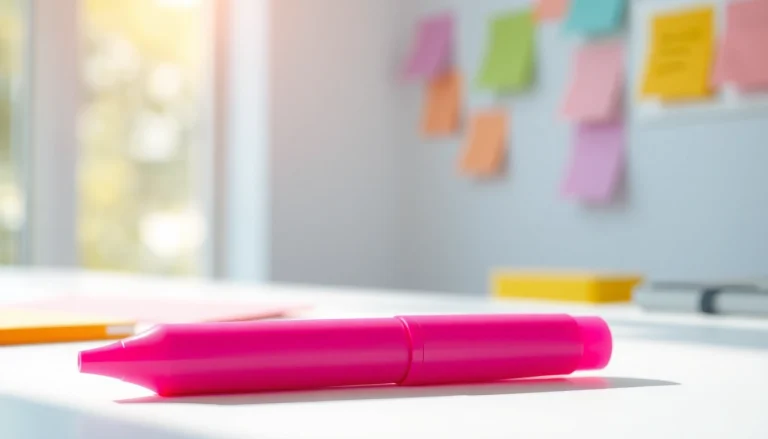 Highlighting notes with a pink highlighter pen on a bright desk.