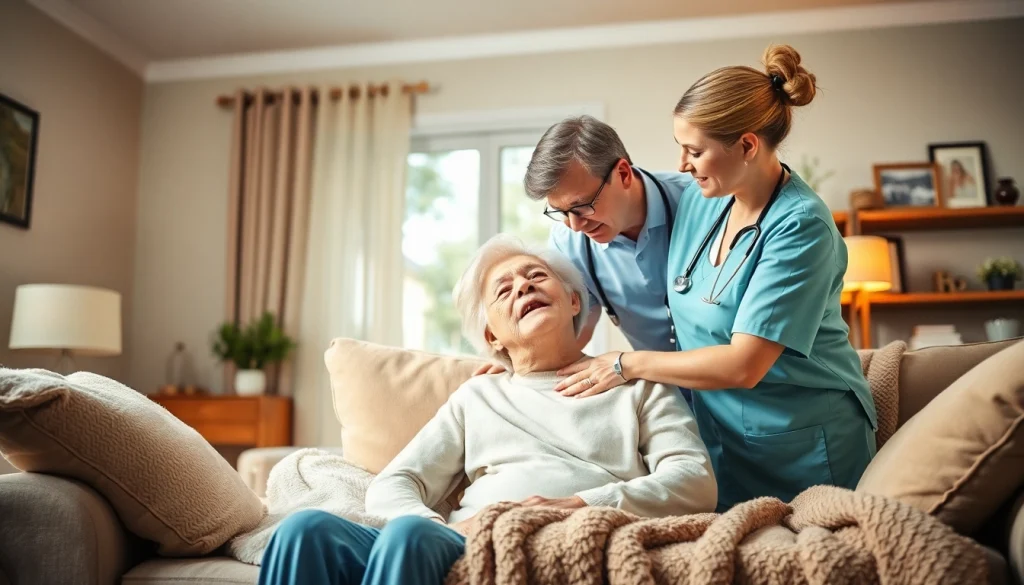 Engaging scene of austin senior home care with a caregiver helping an elderly individual in a warm setting.