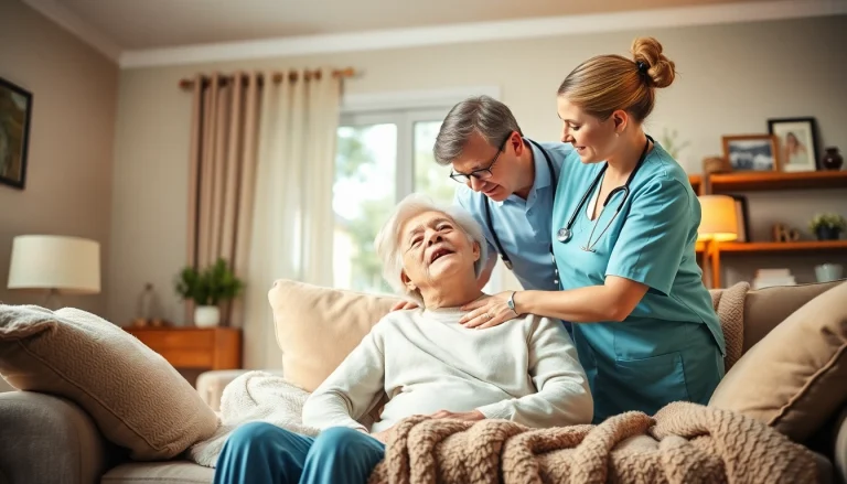 Engaging scene of austin senior home care with a caregiver helping an elderly individual in a warm setting.