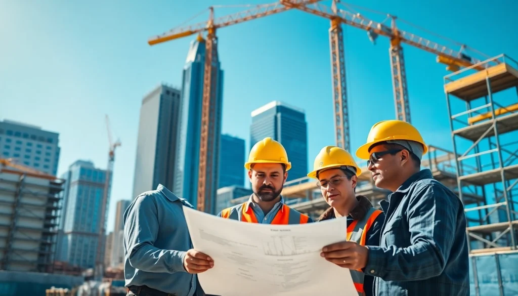 Austin construction site showcasing workers collaborating amidst iconic Austin skyscrapers.