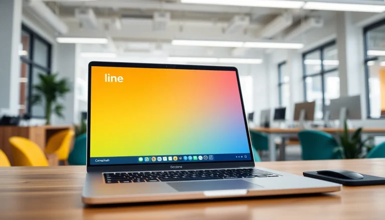 Download the 電腦版line下載 app on a sleek laptop in a modern office setting.
