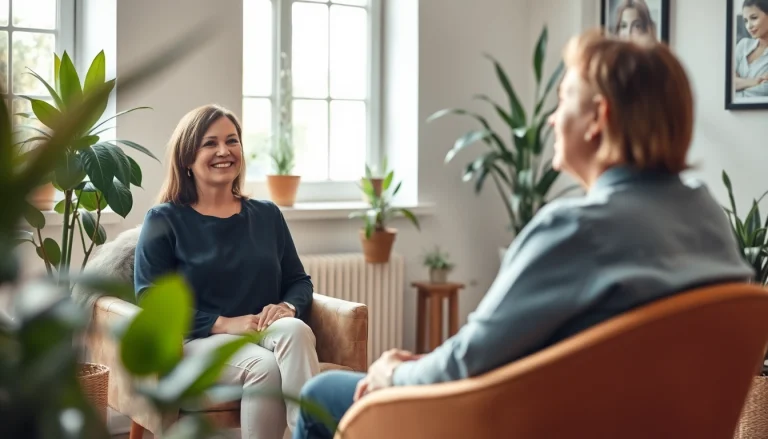 Engaged conversation between an attachment theory specialist and client in a calming office environment.