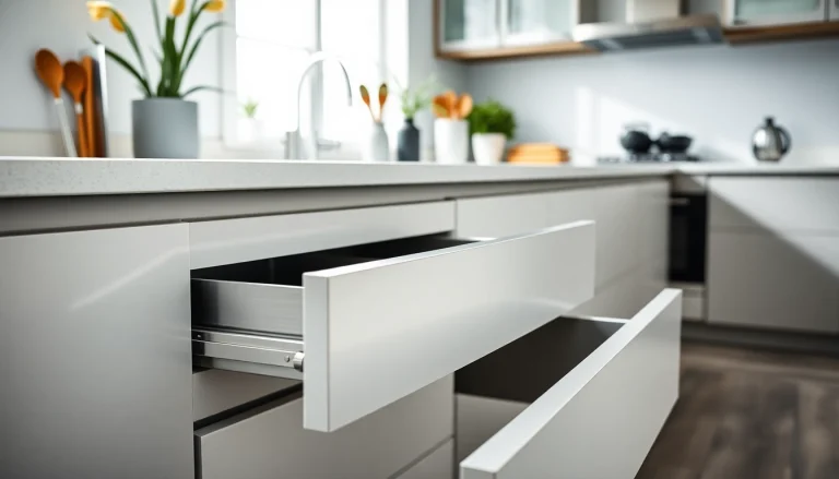 Sleek and modern slim box drawer system displayed in a stylish kitchen environment.