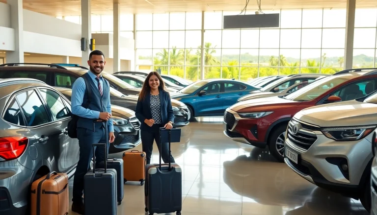 Experience car rental in Uganda with a variety of vehicles at a bustling airport.