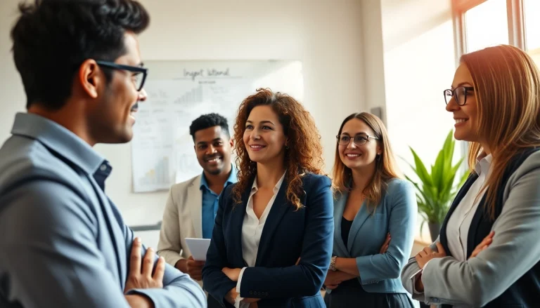 Engaged professionals benefiting from a business coaching service in a modern office setting.