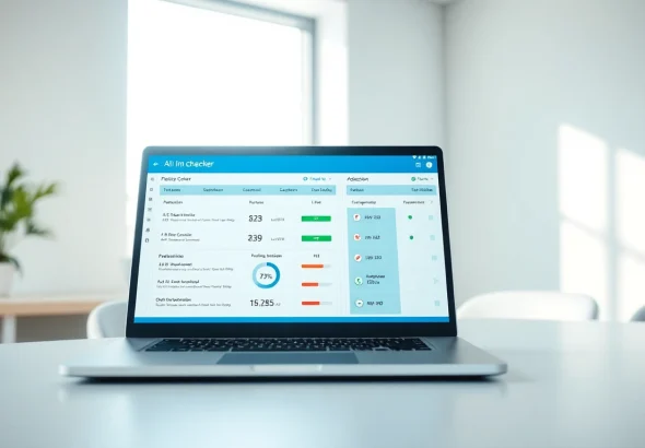 AI checker software interface on a laptop in an office setting highlighting text analysis features.