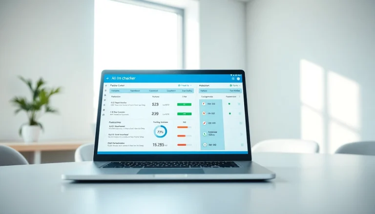AI checker software interface on a laptop in an office setting highlighting text analysis features.