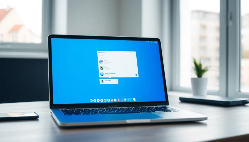 Interact with Telegram電腦版 on a sleek laptop in a modern workspace for smoother communication.