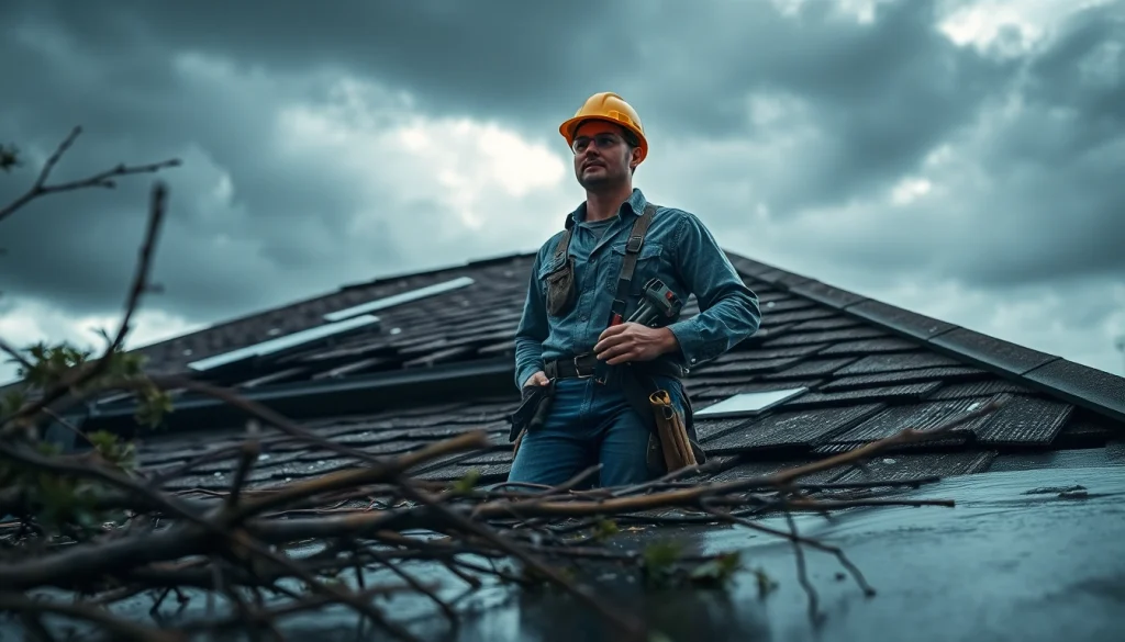 Emergency roof repair Texas with a professional contractor assessing storm damage in dire weather.