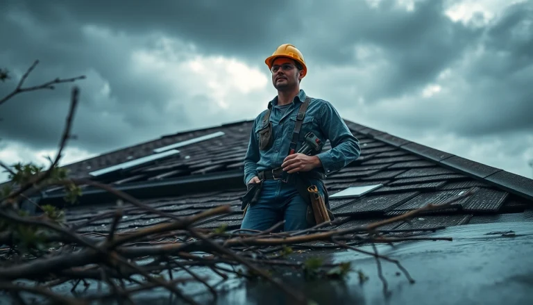 Emergency roof repair Texas with a professional contractor assessing storm damage in dire weather.