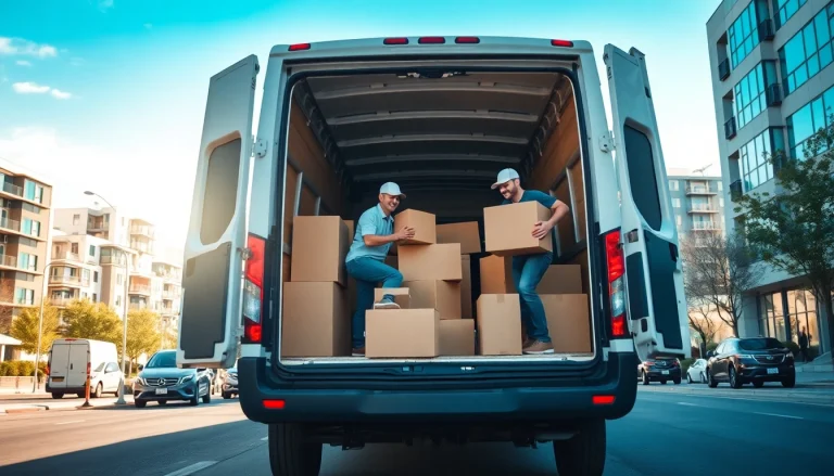 Engaged man and van moving team efficiently loading items during a city relocation.