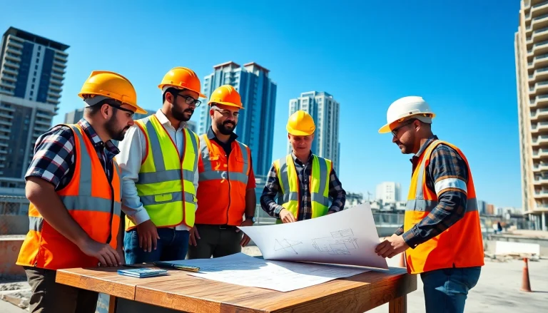 Construction team from the southern california contractors association collaborating on project plans.