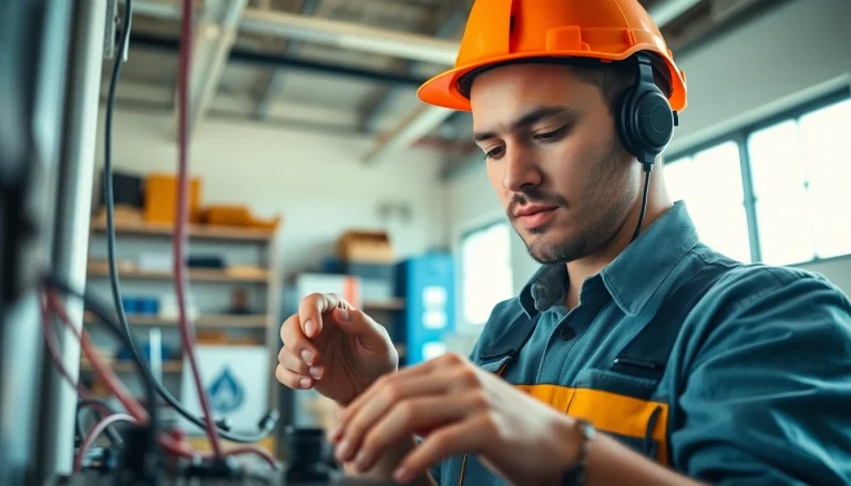 Person engaged in electrician apprenticeship hawaii, focusing on wiring in a bright workshop setting.