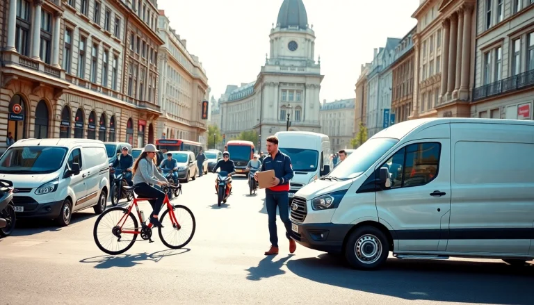 Efficient same day courier service in London with diverse delivery vehicles on a bustling street.