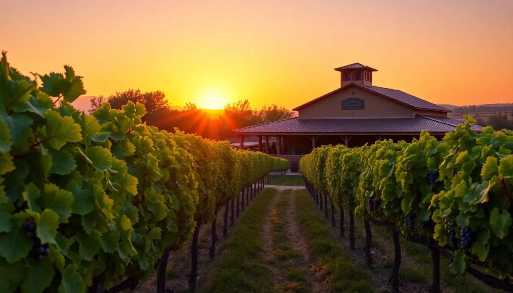 Enjoy the scenic beauty of Clarksburg wineries showcasing lush vineyards at sunset.
