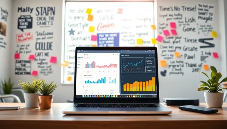 Visually engaging setup demonstrating social media and blog automation with a laptop and analytics display.