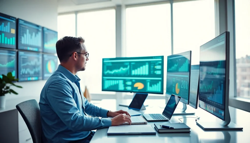 Analyze industry trends with AI for competitor analysis in a modern office setup.