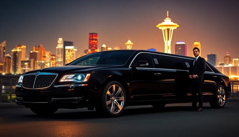 Elegant Vancouver to Seattle Car Service limousine with a chauffeur near the Seattle skyline.