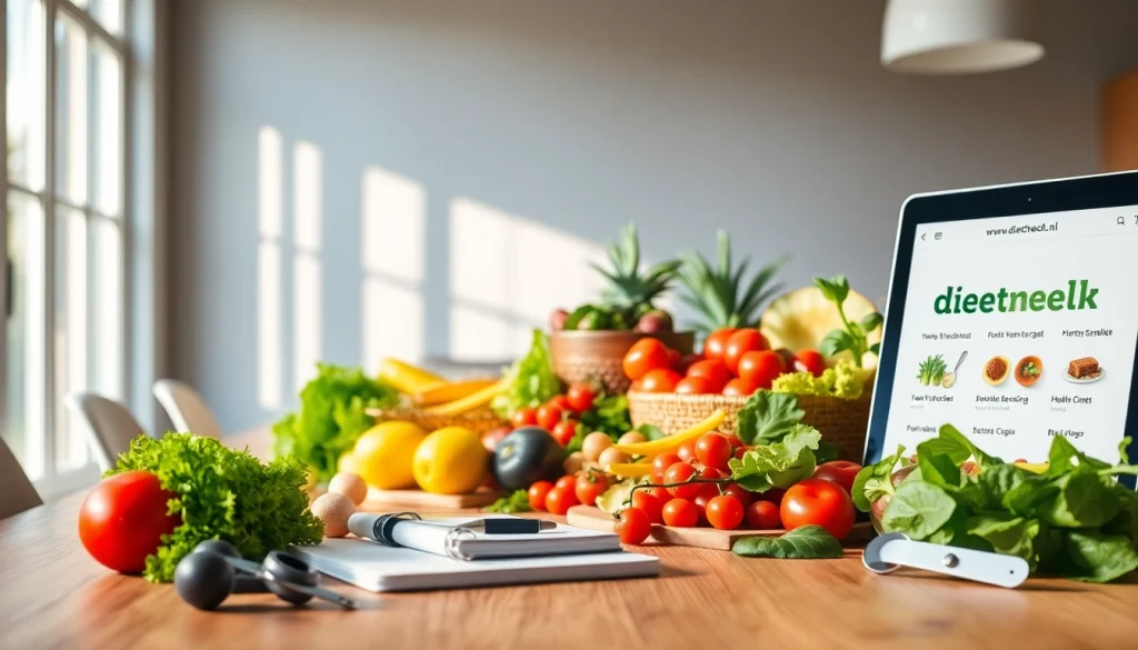 Bekijk heerlijke en gezonde gerechten van https://www.dieetcheck.nl naast een tablet met dieet tips.