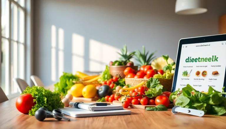 Bekijk heerlijke en gezonde gerechten van https://www.dieetcheck.nl naast een tablet met dieet tips.