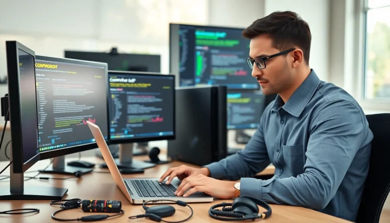Technician offering computer help with laptops and tools in a modern office.