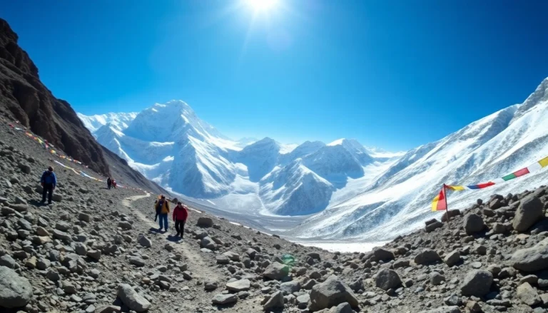 Trekking along the Everest Base Camp Trek, showcasing stunning Himalayan landscapes and alpine terrains.