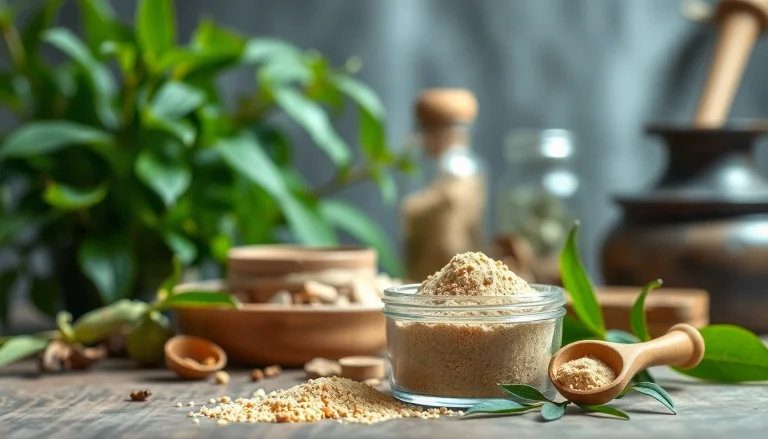 Vijaya Vati powder displayed in a natural herbal setting, showcasing its texture and holistic appeal.